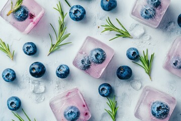 Top view of ice cubes with blueberries and rosemary on a light background for a refreshing drink