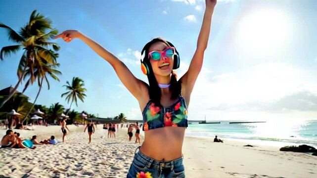 Beautiful and happy young woman 22 years old with headphones and sunglasses, dancing on the beach, dressed in denim shorts and crop top