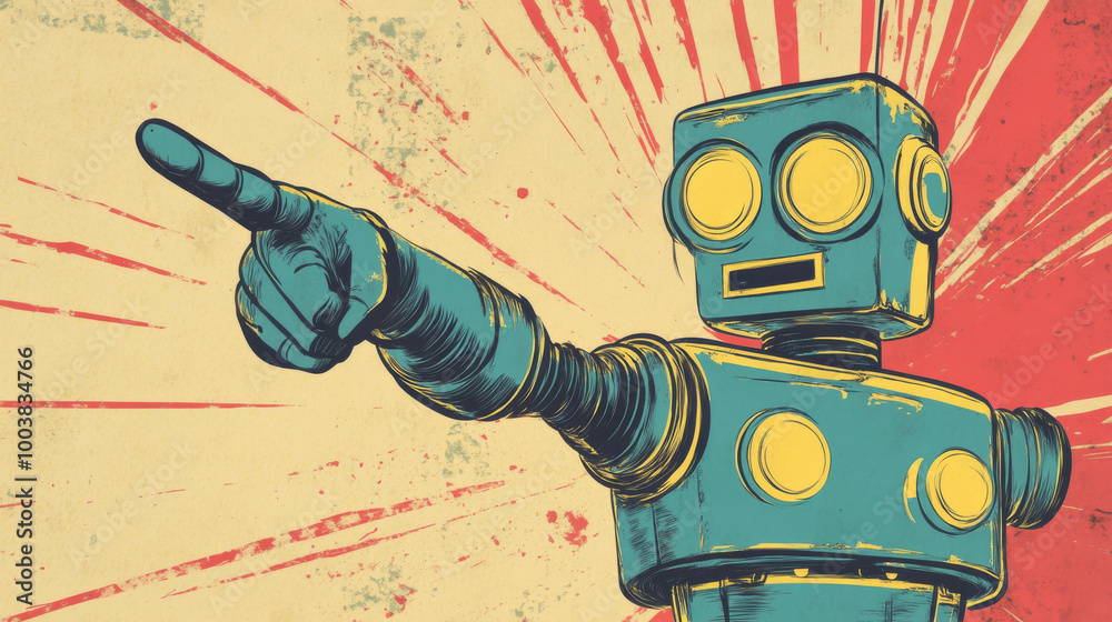 Wall mural a retro-style illustration shows a robot pointing with its hand, promoting a sale. it's drawn in a c