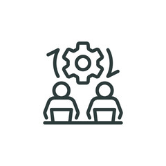 Partnership community, team training, teamwork development outline icon. Line sign group of two people with a gear. Vector isolated pictograms for web and app on white background editable stroke.