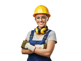 Construction worker, wearing yellow hardhat, isolated