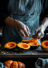 The cook is working with pumpkin vegetables