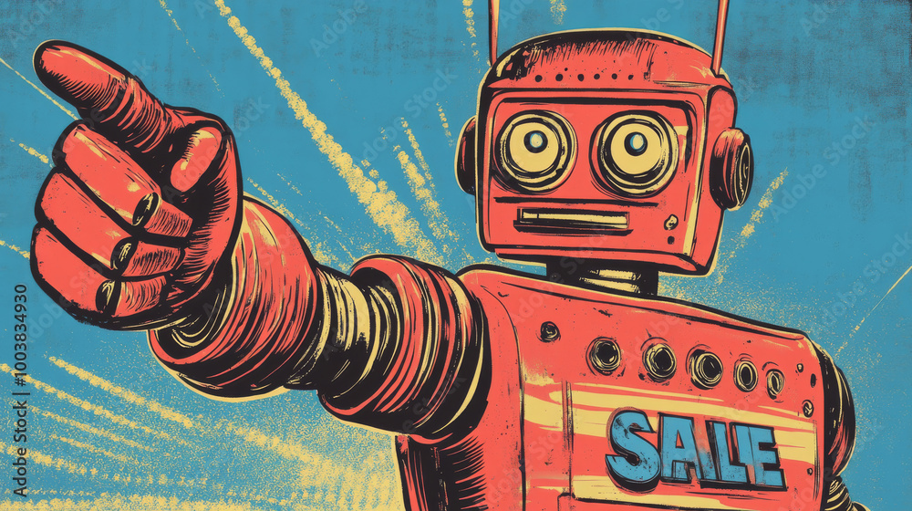 Canvas Prints a retro-style illustration shows a robot pointing with its hand, promoting a sale. it's drawn in a c