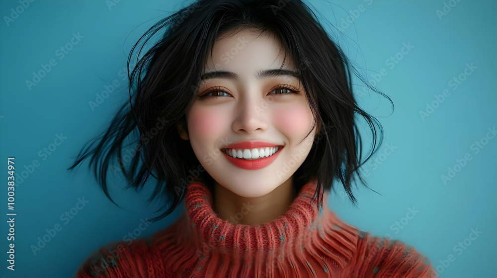 Canvas Prints Smiling Woman with Short Black Hair and Red Sweater