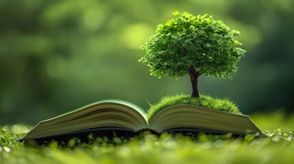 An open book with a tree growing from it, symbolizing knowledge and nature.