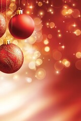  A red Christmas ornament cluster suspended from strings against a red and golden background, surrounded by twinkling holiday lights