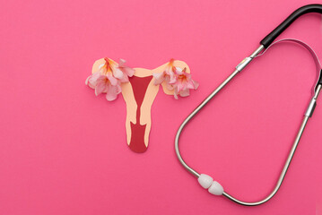 Medical Stethoscope and Uterus Cutout Adorned with Flowers on Pink Background