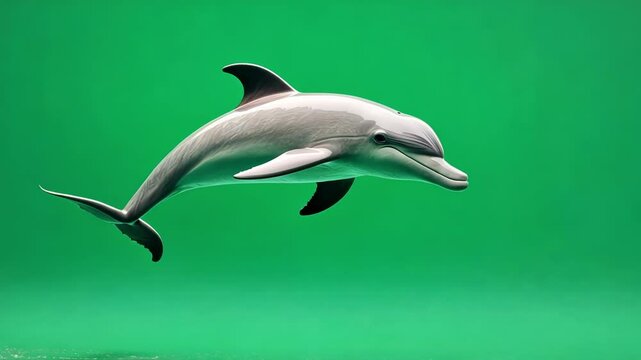 Realistic 3d dolphin is jumping gracefully against a solid green screen background, ideal for compositing and visual effects