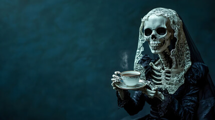 skeleton bride holding tea cup against dark background evokes haunting yet intriguing atmosphere