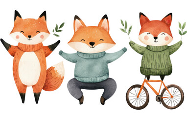 Three cheerful foxes in sweaters, showcasing joy and playfulness cut out isolated transparent PNG