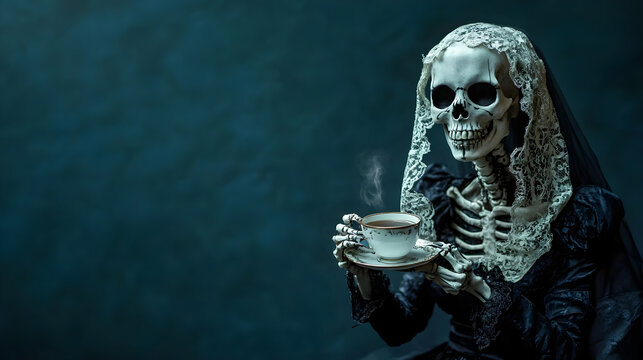 skeleton bride holding tea cup against dark background evokes haunting yet intriguing atmosphere