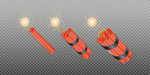 Realistic 3d bomb dynamite sticks with burning fuse. Vector