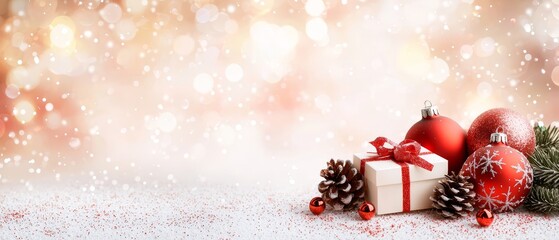  A red and white ornament atop a white table Nearby, a white box adorned with a red bow and a solitary pinecone