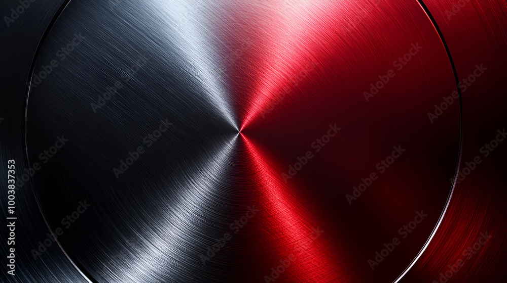 Aufkleber close-up of polished circular metal surface displaying a gradient from red to silver under soft ligh