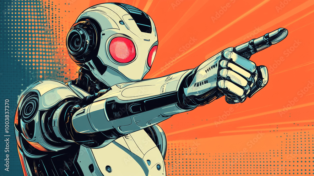Wall mural a robot points with a finger. the illustration shows ai technology recognizing faces and people. it'