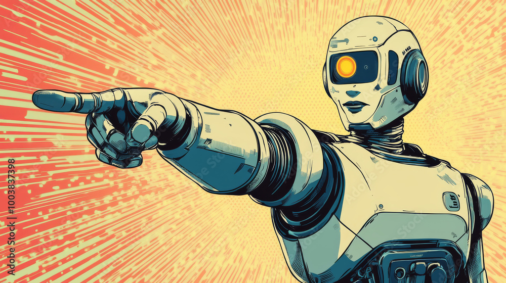 Wall mural a robot points with a finger. the illustration shows ai technology recognizing faces and people. it'