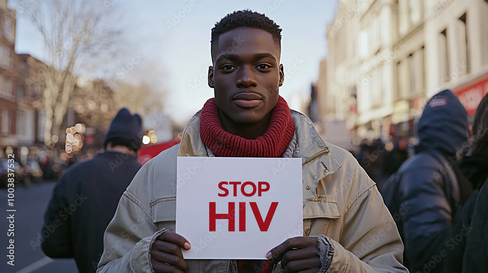 Poster young person holding a sign reading stop hiv during a world aids day march emphasizing the call to a