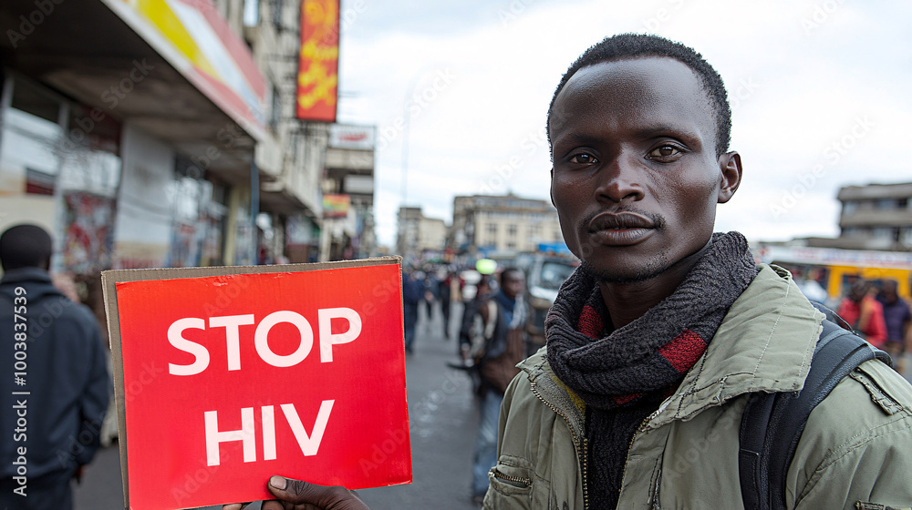 Poster young person holding a sign reading stop hiv during a world aids day march emphasizing the call to a