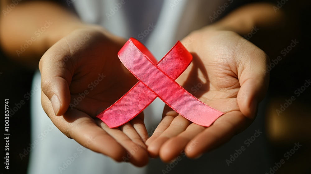 Aufkleber Healthcare worker presenting a red ribbon to a patient during an HIV support consultation in a calm and supportive environment Large space for text in center Stock Photo with copy space
