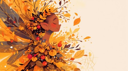 Drawn halloween fairy with dragonfly wings  on autumn background with copy space on the right.