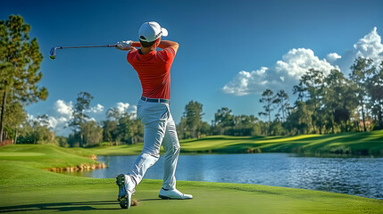 Golfing on a Sunny Day, Swinging with Precision, Green Fairway, Blue Water, Perfect Shot