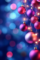 Fototapeta premium A collection of Christmas ornaments suspended from a string against a blue and pink backdrop, with twinkling lights in the background