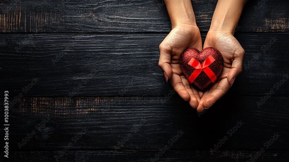Poster close-up of hands holding a red ribbon and a heart symbolizing love and support for those affected b