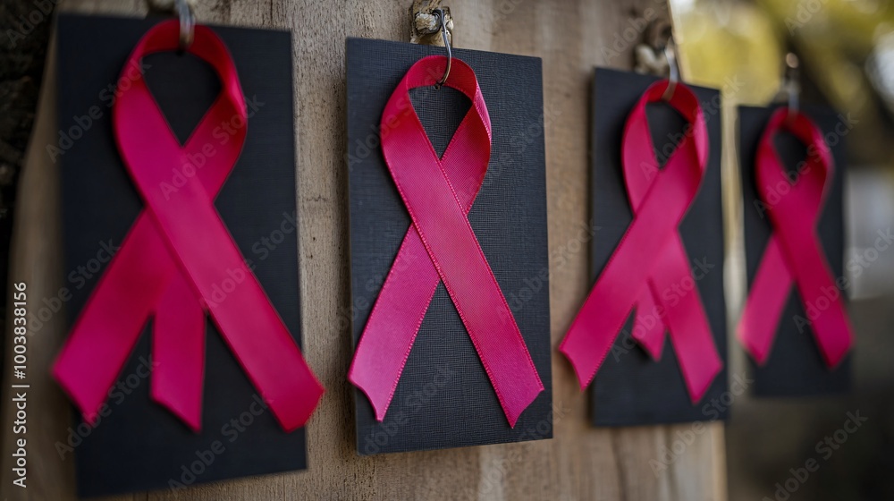 Aufkleber close-up of red ribbons hanging from a display board at a world aids day event showing the commitmen