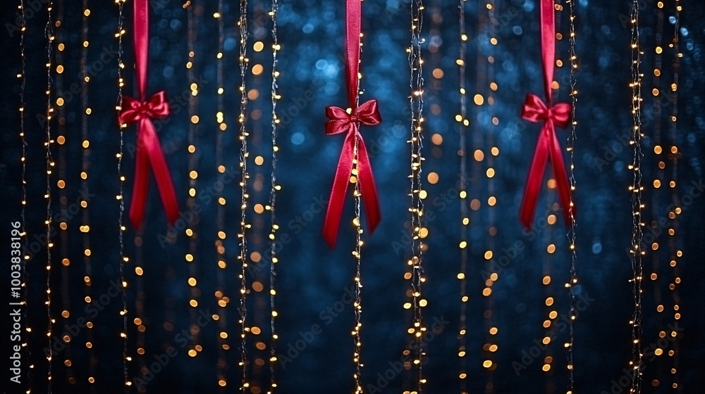 Poster Close-up of red ribbons hanging from a display board at a World AIDS Day event showing the commitment to raising awareness Large space for text in center Stock Photo with copy space