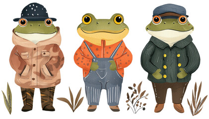 Three stylish frogs wearing colorful outfits, standing together in a whimsical setting cut out isolated transparent PNG