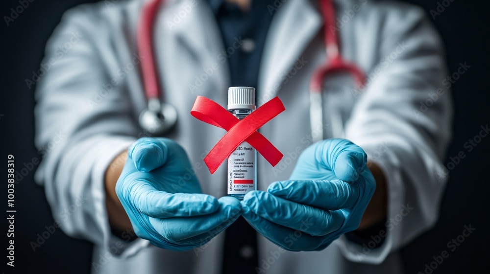 Aufkleber person wearing a red ribbon and holding an hiv testing kit symbolizing prevention and early diagnosi