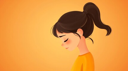 Sad girl bowing her head on orange background cartoon illustration. International Day for the Elimination of Violence against Women.