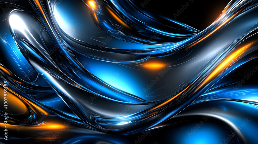 Poster flowing abstract shapes with blue and orange highlights create a dynamic visual effect against a dar