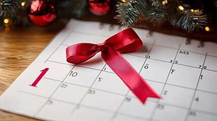 Close-up of red ribbons placed on a calendar marking December 1st symbolizing World AIDS Day and awareness Large space for text in center Stock Photo with copy space