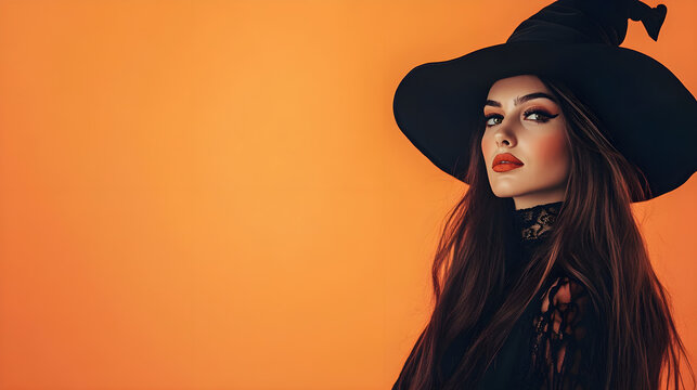 woman in witch costume poses against orange background, exuding confidence