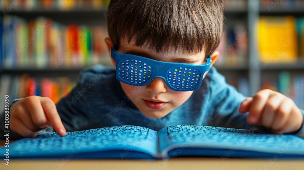 Poster Close-up of a child using a braille display device while reading in a library emphasizing accessible education for children with visual impairments Large space for text in center Stock Photo with