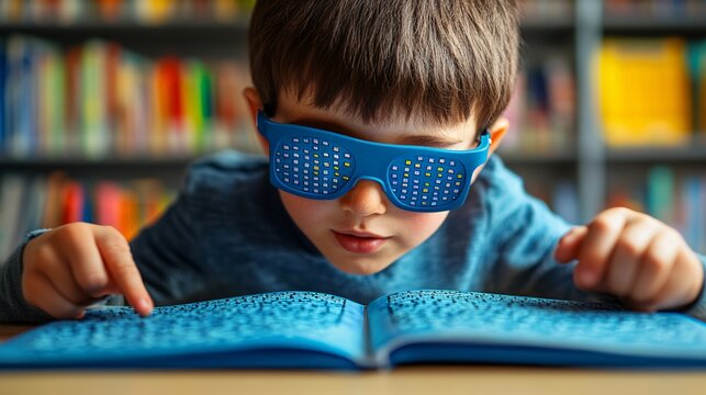 Close-up of a child using a braille display device while reading in a library emphasizing accessible education for children with visual impairments Large space for text in center Stock Photo with