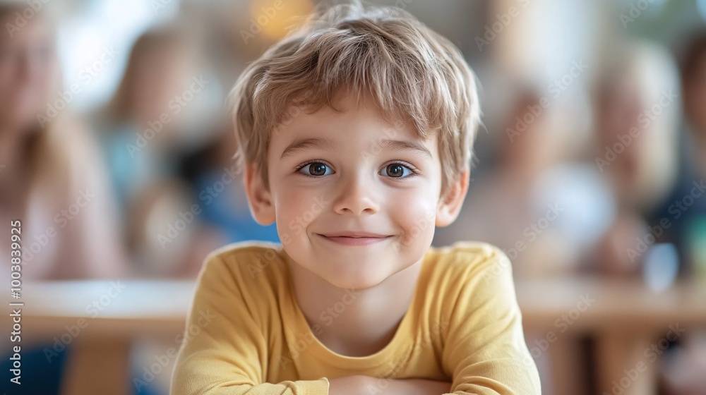 Poster family sitting together at a living room table with a young boy using an assistive communication dev