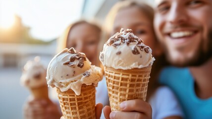 Happy people enjoying delicious ice cream cones in a sunny outdoor setting.