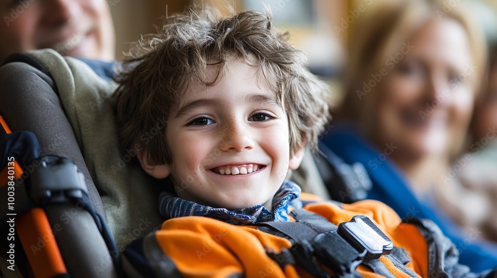 Poster family sitting together at a living room table with a young boy using an assistive communication dev