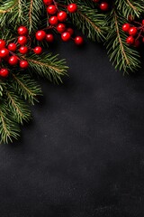  A red-berried branch against a backdrop of deep black Green leaves contrast, text space here