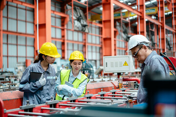 factory workers in uniform together work inspecting operation manufacturing Metal Roofing Sheet...