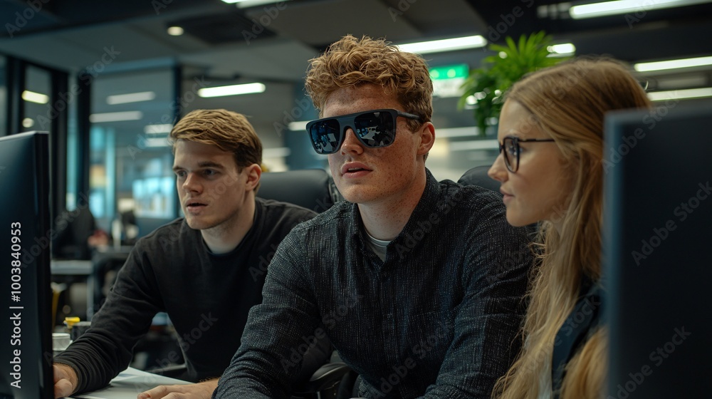 Poster Group of professionals in an office setting collaborating on a project including a colleague with a visual impairment using a screen reader program Large space for text in center Stock Photo with