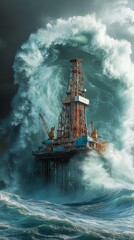 Obraz premium Image of a large tsunami hitting an oil rig. World Tsunami Awareness Day.