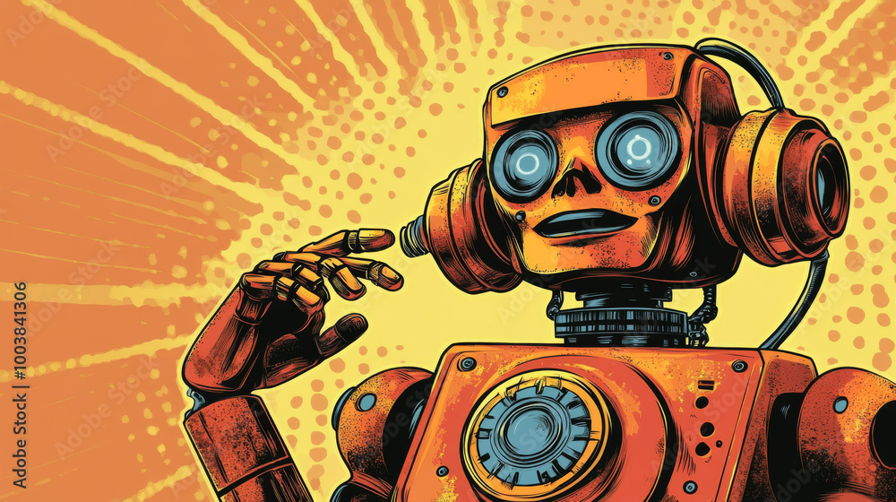 Canvas Prints a robot with a human-like appearance is talking on an old-fashioned rotary phone. it's a fun, retro-