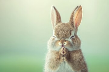 Fototapeta premium Adorable fluffy rabbit sitting in a grassy garden, surrounded by greenery, with a cute and gentle expression