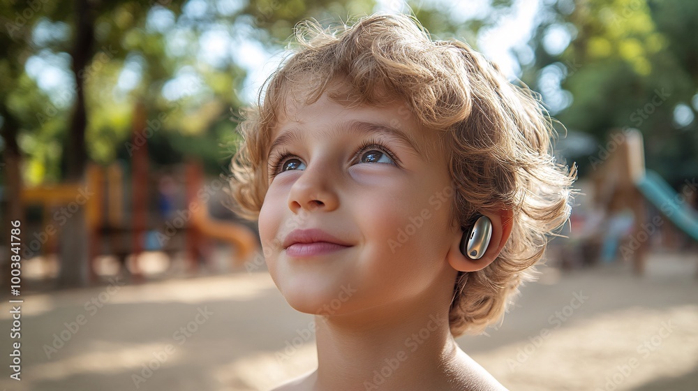 Poster young child using a hearing aid while talking with friends at a playground illustrating social inclu