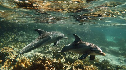 Obraz premium Dolphins swimming underwater among coral reefs and marine life in a tropical ocean