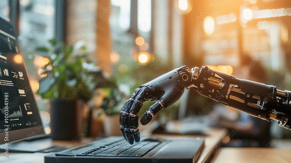 Aufkleber Person with a prosthetic arm working on a computer in a modern office setting showing the integration of adaptive technology in the workplace Large space for text in center Stock Photo with copy space
