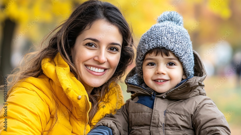 Aufkleber Mother and son, both smiling, as the child uses a wheelchair and they interact in a park setting displaying family support and accessibility Large space for text in center Stock Photo with copy space